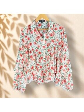 Impulsive Shirt Women 3X Plus White Floral Button Up Collared Long Sleeve Casual